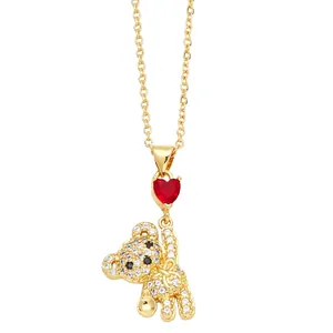 Cute golden teddy bear necklace with red heart zircon pendant on thin O-link chain