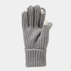 Close-up of grey ribbed knit gloves featuring functional touch screen finger openings