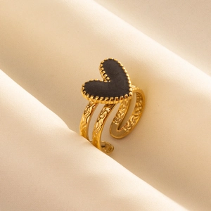 Adjustable gold open ring with black enamel heart and textured hammered finish band