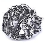 Detailed view of a vintage punk gothic unicorn ring in antique silver stainless steel