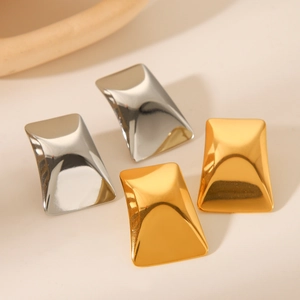 Polished 18K gold and silver rectangular concave stud earrings set for women