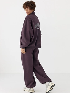 Deep purple streetwear tracksuit with back logo embroidery and wide-leg trousers