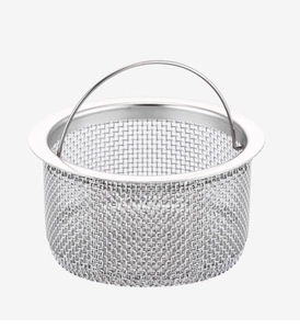 Close-up of a stainless steel kitchen sink strainer basket with a metal handle