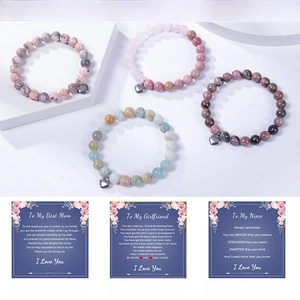 Natural stone beaded bracelet with heart charm and three types of greeting cards