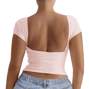 T-shirt rose ajusté dos nu à manches courtes avec col rond de style Y2K