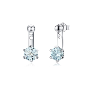 925 silver stud earrings featuring round blue moissanite in a six-prong setting