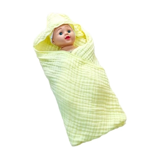 Soft 6-layer muslin cotton hooded baby towel and wrap blanket in pale yellow color
