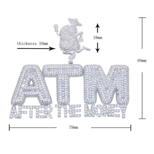 Silver ATM After The Money iced-out pendant with dimensions 79mm width and 69mm height