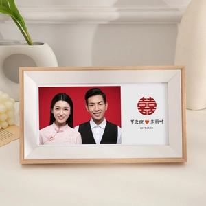 Custom Nordic wood photo frame with white mat for wedding portrait and date
