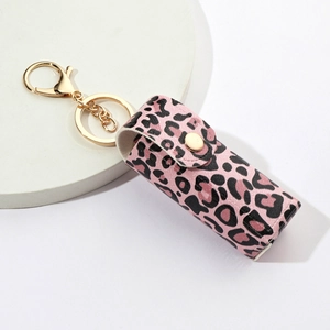 Pink leopard print PU leather lipstick holder keychain with golden metal clasp