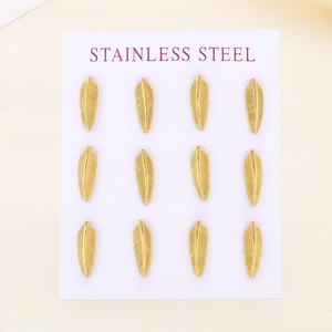 Set of 6 pairs of gold stainless steel feather leaf stud earrings on white display card