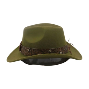 Detail of dark green felt cowboy hat with embossed leather band and shiny rhinestones