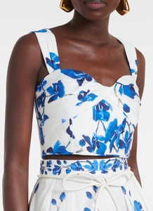 Detail of floral two-piece swimwear set with blue orchid print and woven belt detail