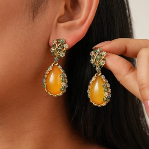 Boucles D'oreilles Pendantes Goutte Vintage Avec Tige En Argent Résine Fleur Strass Multicolore Pour Femmes