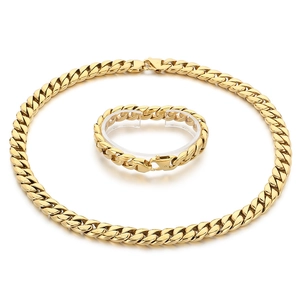 Polished 12mm gold plated Cuban chain necklace and bracelet jewelry set for men