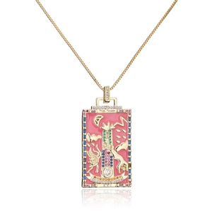 Detail of pink enamel Tarot card necklace with gold-plated XVI The Tower pendant