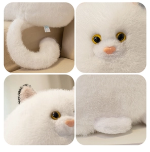 Detailed views of a fluffy white Persian cat plush with soft fur and bright yellow eyes