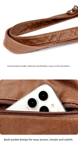 Detail of soft padded handle and practical rear zipper pocket for smartphone storage