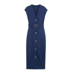 Navy blue V-neck sleeveless midi dress with gold buttons and matching waist belt