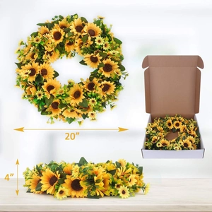 20-inch artificial sunflower wreath with green leaves and 4-inch thickness in packaging
