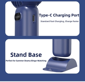 Detailed view of Type-C charging port and phone stand base for blue portable handheld fan