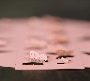 Makroaufnahme der rosa 3D-Schmetterlingsbox mit feinen lasergeschnittenen Details