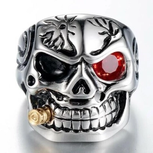 Punk silver skull ring with a red gemstone eye and golden cigar for men jewelry