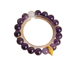 Amethyst bead bracelet with golden leaf charm and tiger eye stones for women
