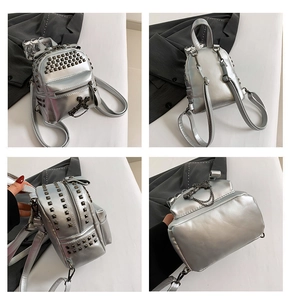 Detail view of silver punk mini backpack with metal studs and cross charm from four angles