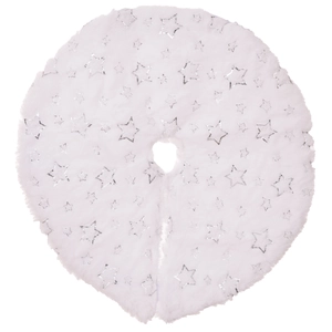 Macro detail of white faux fur mini Christmas tree skirt with silver glitter star pattern