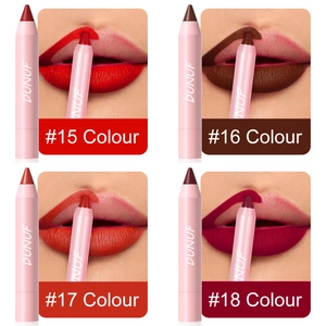 Lippenstift-Set in matten Farben #15 bis #18 mit Nahaufnahmen der Lippenfarben