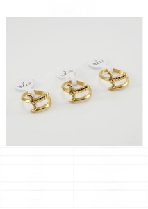 Macro detail of gold sword ring in stainless steel with 18K plating and size chart