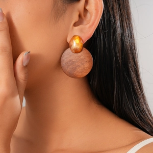 Boucles D'oreilles Pendantes Rondes Géométriques Avec Bois Résine Et Tige En Argent Sterling 925 Rétro Pour Femmes