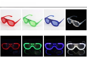 Detail view of LED shutter glasses showing light effects in red, green, blue and white colors