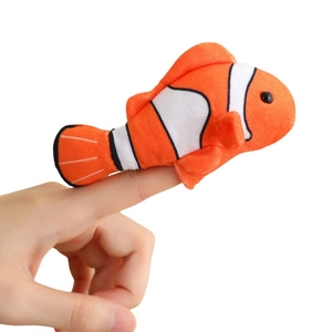 Cute clownfish plush finger puppet toy with orange and white stripes for children