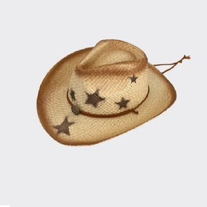 Western straw cowboy hat with brown star prints and decorative metal buckle strap