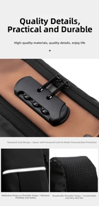 Detail of men chest bag with 3-digit security lock, reflective strip and mesh strap