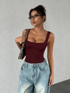 Detailed close-up of wine red slim fit tube top with square neck for Y2K sexy fashion style
