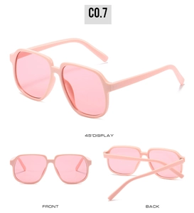 Three-way view of pastel pink square sunglasses showing front, back, and 45-degree angle