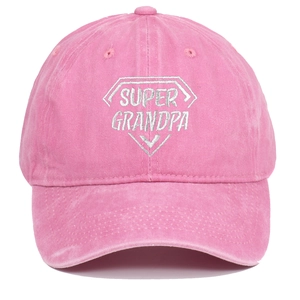 Detailed macro view of pink washed baseball cap with Super Grandpa embroidery on white