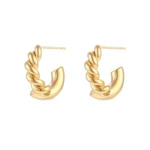 Detailed view of large golden twisted rope C-shaped stainless steel hoop earrings