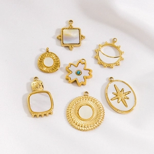 Polished 14K gold plated stainless steel pendants with white shell and star designs