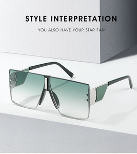 Detail view of oversized square rimless sunglasses featuring green gradient lenses and metal trim