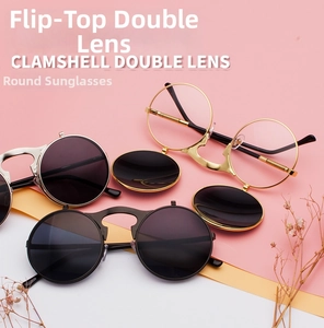 Steampunk flip-up round sunglasses with double lenses and vintage metal frame finishes