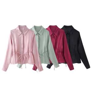 Elegant women's satin long sleeve shirts with waist tie in pink, mint, burgundy and black