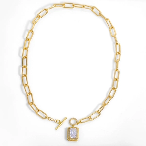 Collier trombone en or 18 carats avec pendentif rectangulaire en zircon et fermoir T