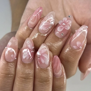 Press On Nails Long Almond 3D Flower Design Artificial Pearl Rhinestone Pink Gradient Artificial False Nail Tips Elegant For Women