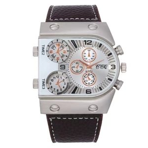 Fashion oversized dial quartz watch for men with triple time zone and brown leather strap