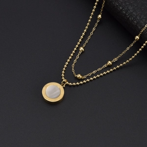 Double-layered 18k gold plated titanium steel necklace with white shell pendant and bead chain