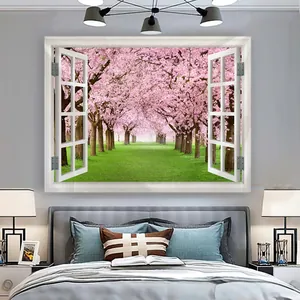 Arazzo da parete effetto finestra 3D con foresta di ciliegi rosa sopra il letto in camera